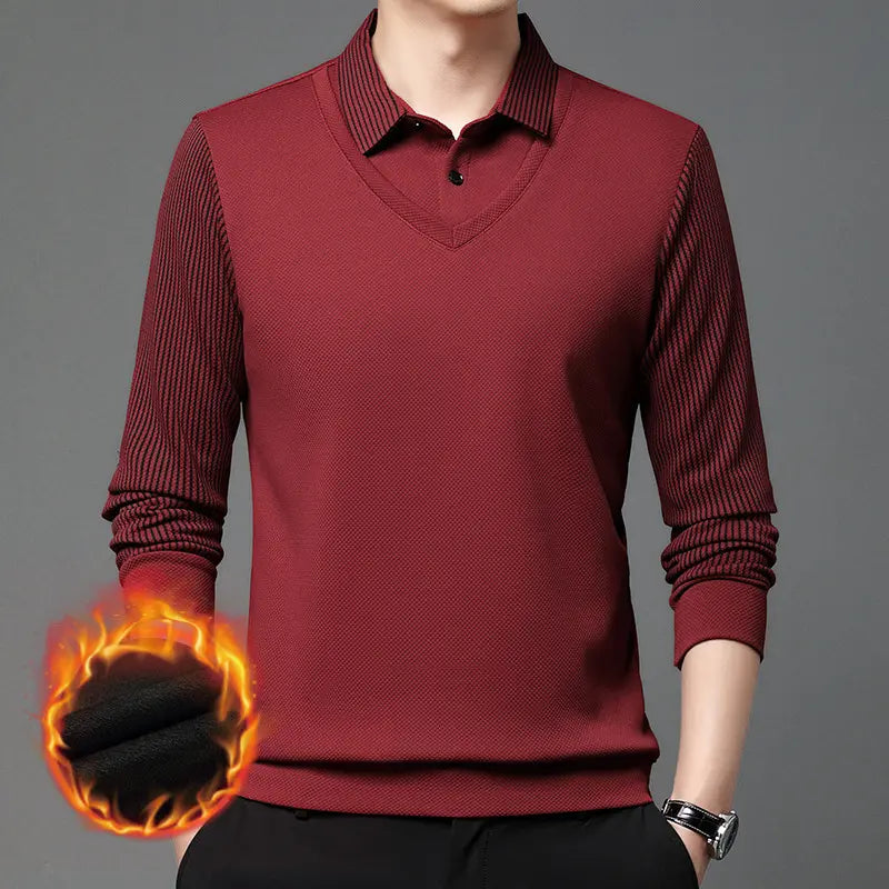【M-4XL】 👔 Pánské polo tričko s dlouhým rukávem ve stylu „2 v 1“ · Zateplené podšívkou · Elegantní design s klasickým límcem a pruhovanými rukávy · Vhodné pro běžné nošení i do práce!