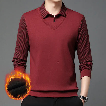 【M-4XL】 👔 Pánské polo tričko s dlouhým rukávem ve stylu „2 v 1“ · Zateplené podšívkou · Elegantní design s klasickým límcem a pruhovanými rukávy · Vhodné pro běžné nošení i do práce!