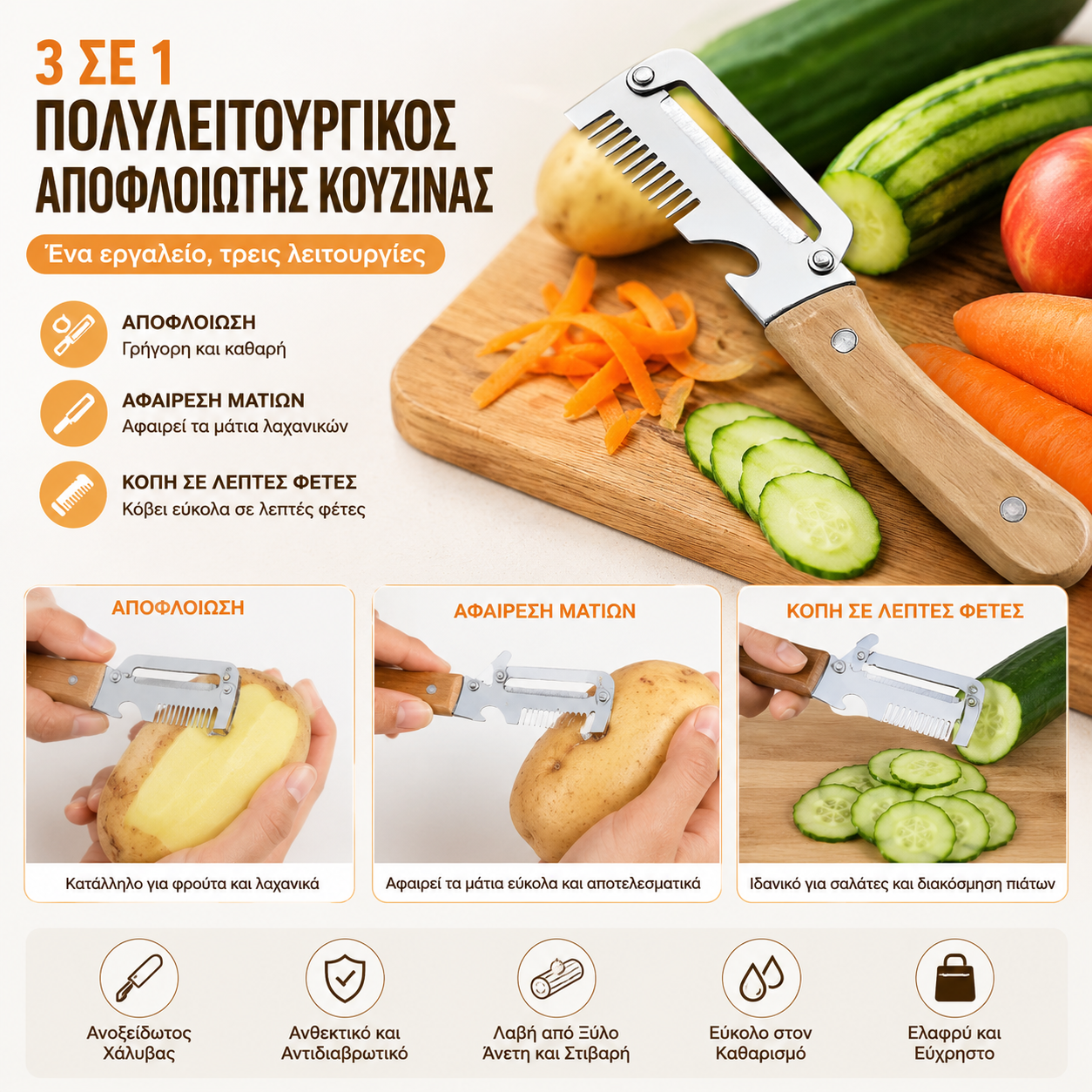 ✅【Αγοράστε 1, πάρτε 1 δωρεάν!】🧅🔪 Πολυλειτουργικός αποφλοιωτής κουζίνας 3 σε 1: Ξεφλουδίζει, κόβει σε φέτες και ανοίγει καπάκια μπουκαλιών! 🔥