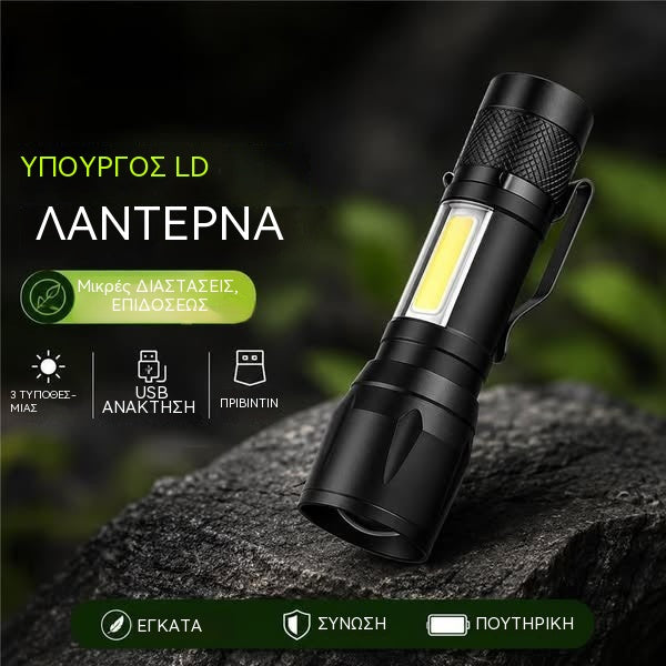 [2-Pack] Μίνι φακός LED υψηλής ισχύος από κράμα αλουμινίου με ρυθμιζόμενο ζουμ, πλευρικό φως COB και επαναφορτιζόμενη θύρα USB