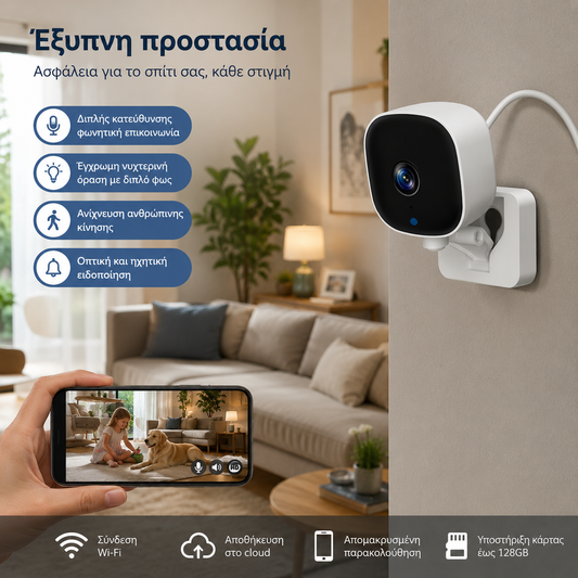 Οι κάμερες υψηλής ευκρίνειας, εξοπλισμένες με σύστημα έξυπνης παρακολούθησης σπιτιού, μπορούν να παρακολουθούν μέσω ασύρματου WiFi, υπέρυθρης νυχτερινής όρασης, αμφίδρομης ενδοεπικοινωνίας και καμερών υψηλής ευκρίνειας.