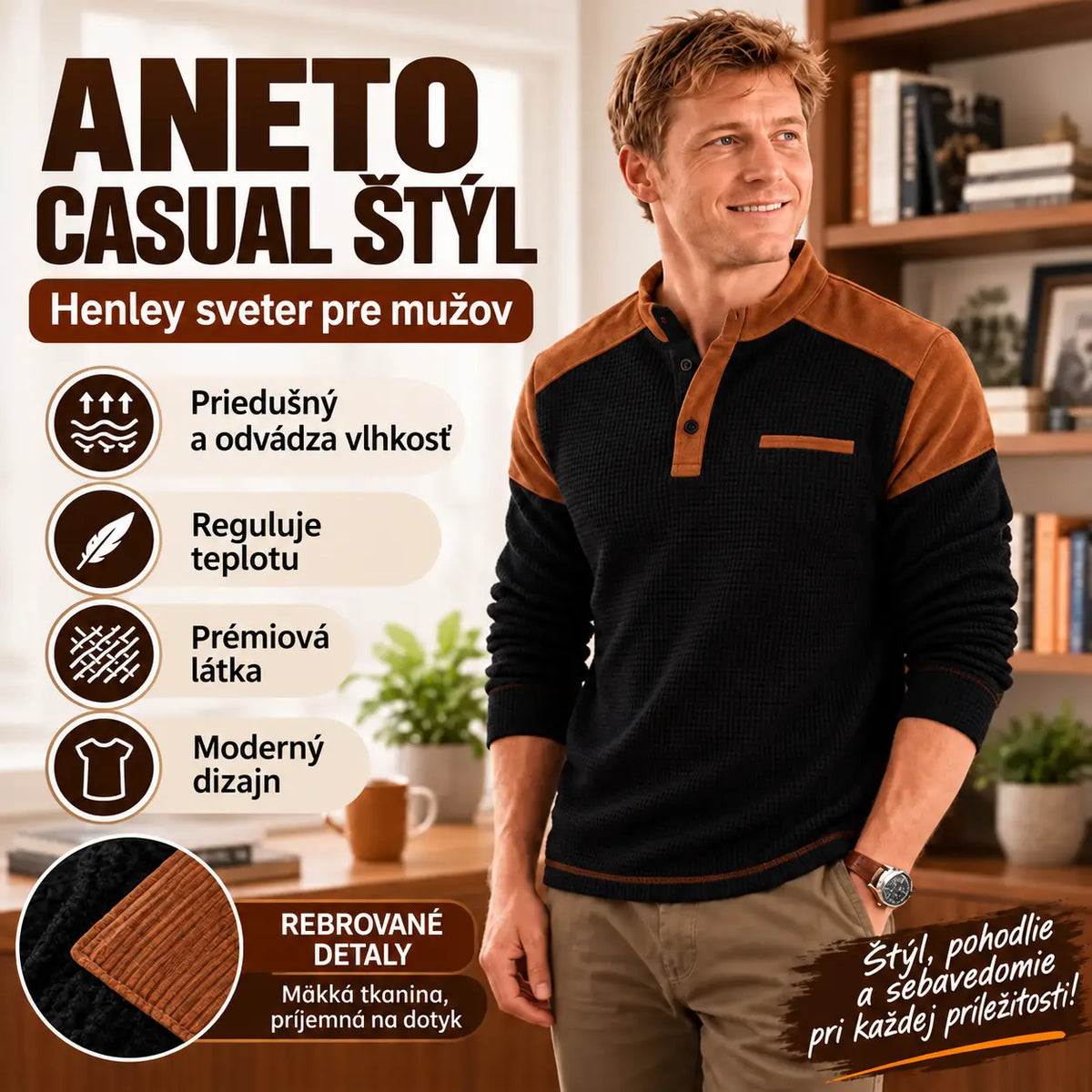 👕✨【1 kus, S–3XL】Pánska waffle mikina s golierom – moderný dizajn s manšestrovými detailmi na ramenách.