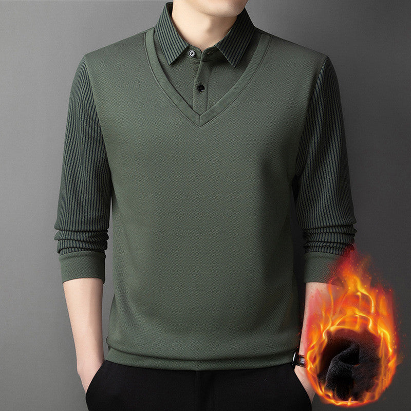 👔【M-4XL】Pánske tričko s dlhým rukávom a golierom polo – dvojvrstvový efekt, zimné, zateplené, hrubé, business-casual, teplé
