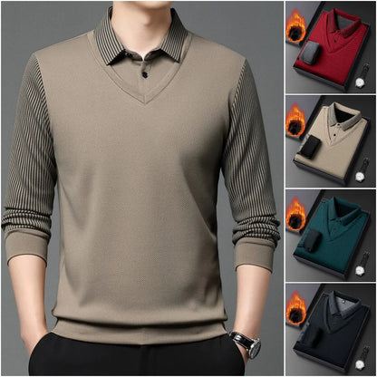 【M-4XL】 👔 Pánské polo tričko s dlouhým rukávem ve stylu „2 v 1“ · Zateplené podšívkou · Elegantní design s klasickým límcem a pruhovanými rukávy · Vhodné pro běžné nošení i do práce!