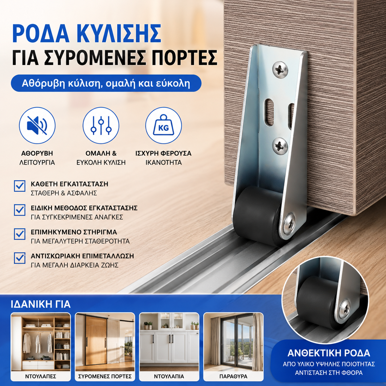 【8 ρόδες + 32 βίδες】——€24🚪 Στήριγμα Συρόμενης Πόρτας με Τροχούς – Αθόρυβη, Ρυθμιζόμενη και Εύκολη στην Εγκατάσταση 🔧