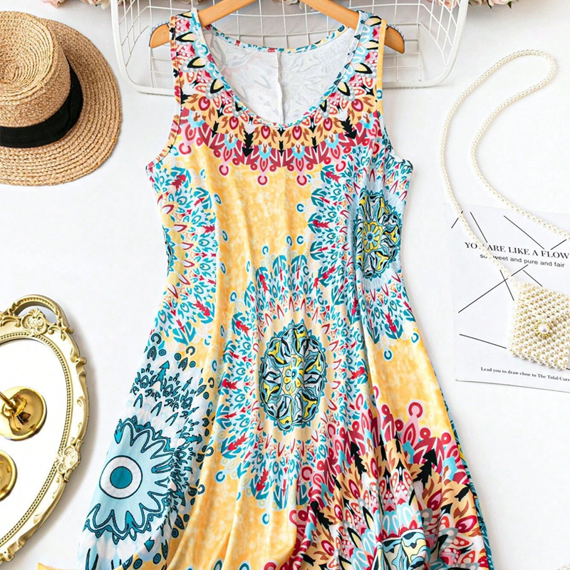 【XL-5XL】🌸Καλοκαιρινές Εκπτώσεις✨ Άνετο καλοκαιρινό φόρεμα χωρίς μανίκια με τύπωμα σε γραμμή Α