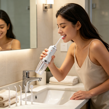 🦷💦🚿Ασύρματος στοματικός εκτοξευτήρας νερού – 4 ακροφύσια, επαναφορτιζόμενο μέσω USB