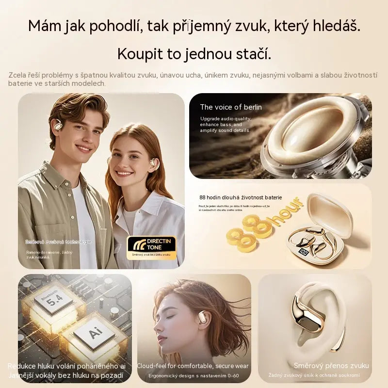Bezdrôtové Bluetooth slúchadlá bez vstavaného ucha, s háčikom za uši a kostným vedením