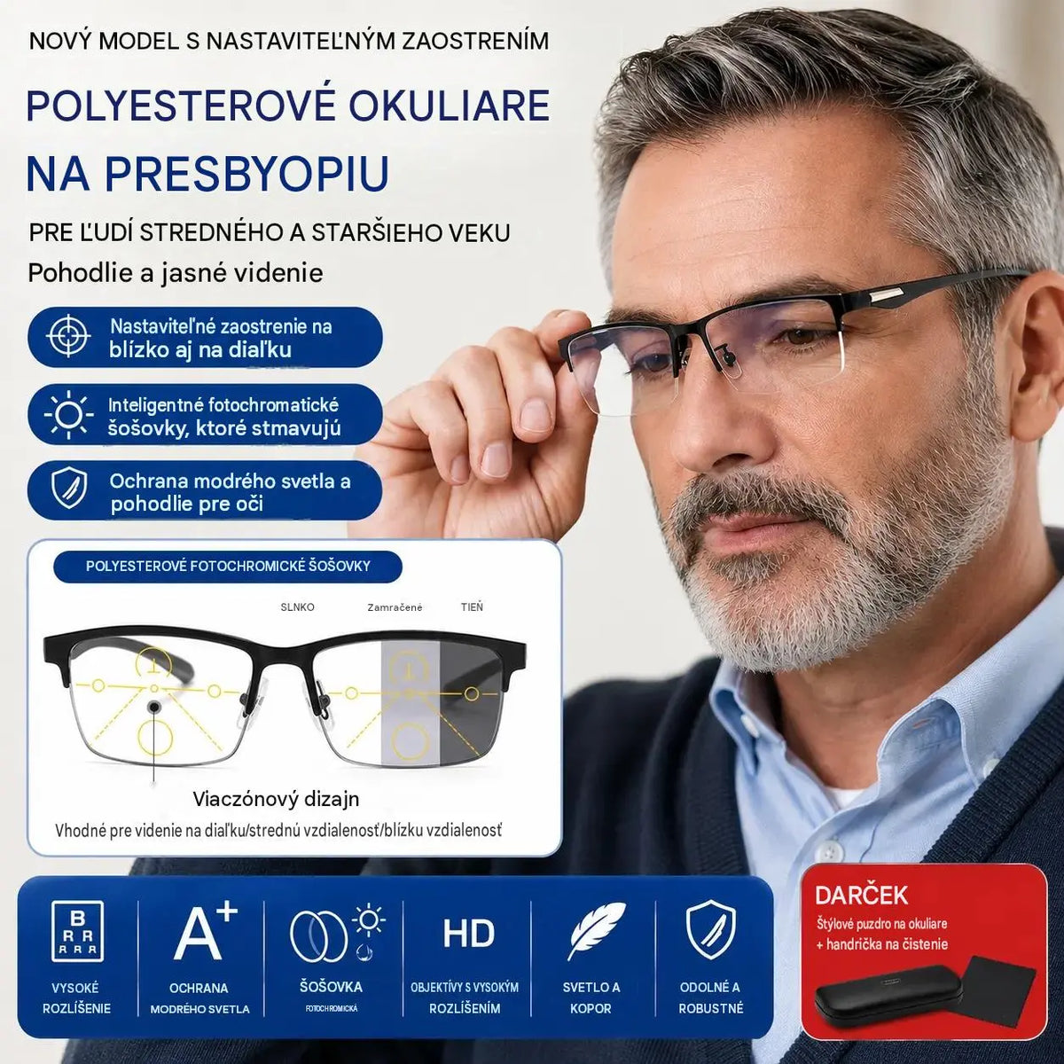 Nové polobezrámové okuliare na čítanie pre ľudí stredného a staršieho veku s funkciou zoomu, multifokálnej, fotosenzitívnej, fotochromatickej funkcie a funkcie blokovania modrého svetla.