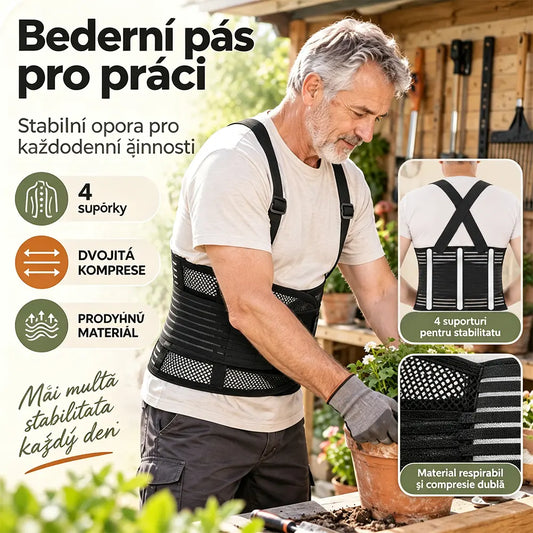 Pracovní bederní opěrný pás – teplý, prodyšný a s integrovanou ocelovou destičkou, speciálně navržený pro ochranu spodní části zad; s protiskluzovou funkcí, vhodný pro muže i ženy.