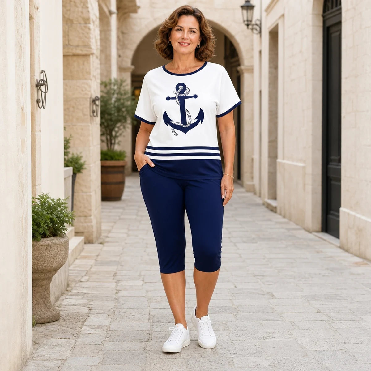 ⚓️ Καλοκαιρινό σετ 2 τεμαχίων για γυναίκες – Μπλούζα και σορτς με στάμπα άγκυρας, ναυτικό στυλ
