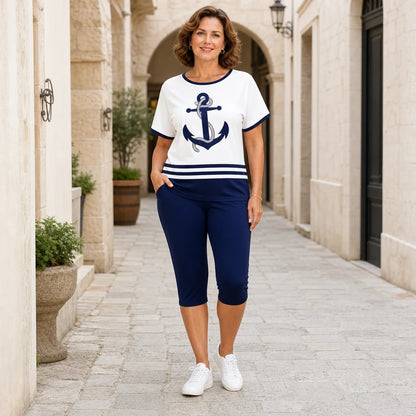 ⚓️ Καλοκαιρινό σετ 2 τεμαχίων για γυναίκες – Μπλούζα και σορτς με στάμπα άγκυρας, ναυτικό στυλ
