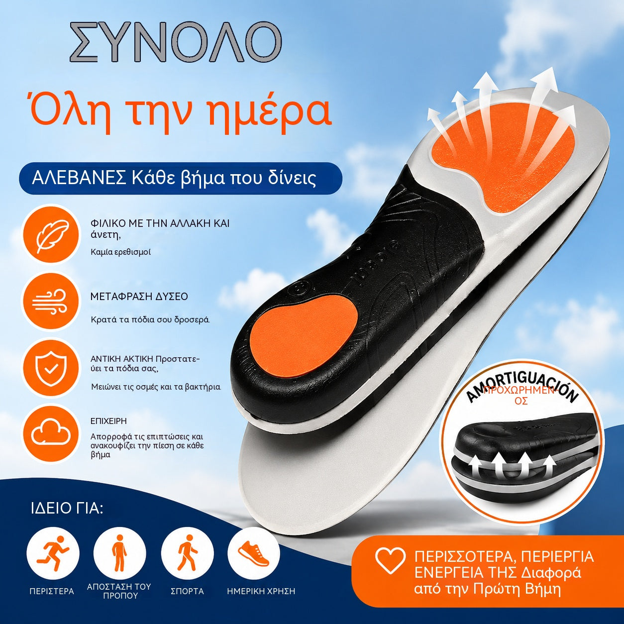 👣【Αγοράστε 1 και πάρτε 1 δωρεάν】【Μεγέθη 35-46】⚡ Ορθοπεδικοί αθλητικοί πάτοι με στήριξη καμάρας – Απόλυτη αντικραδασμική προστασία και μέγιστη άνεση