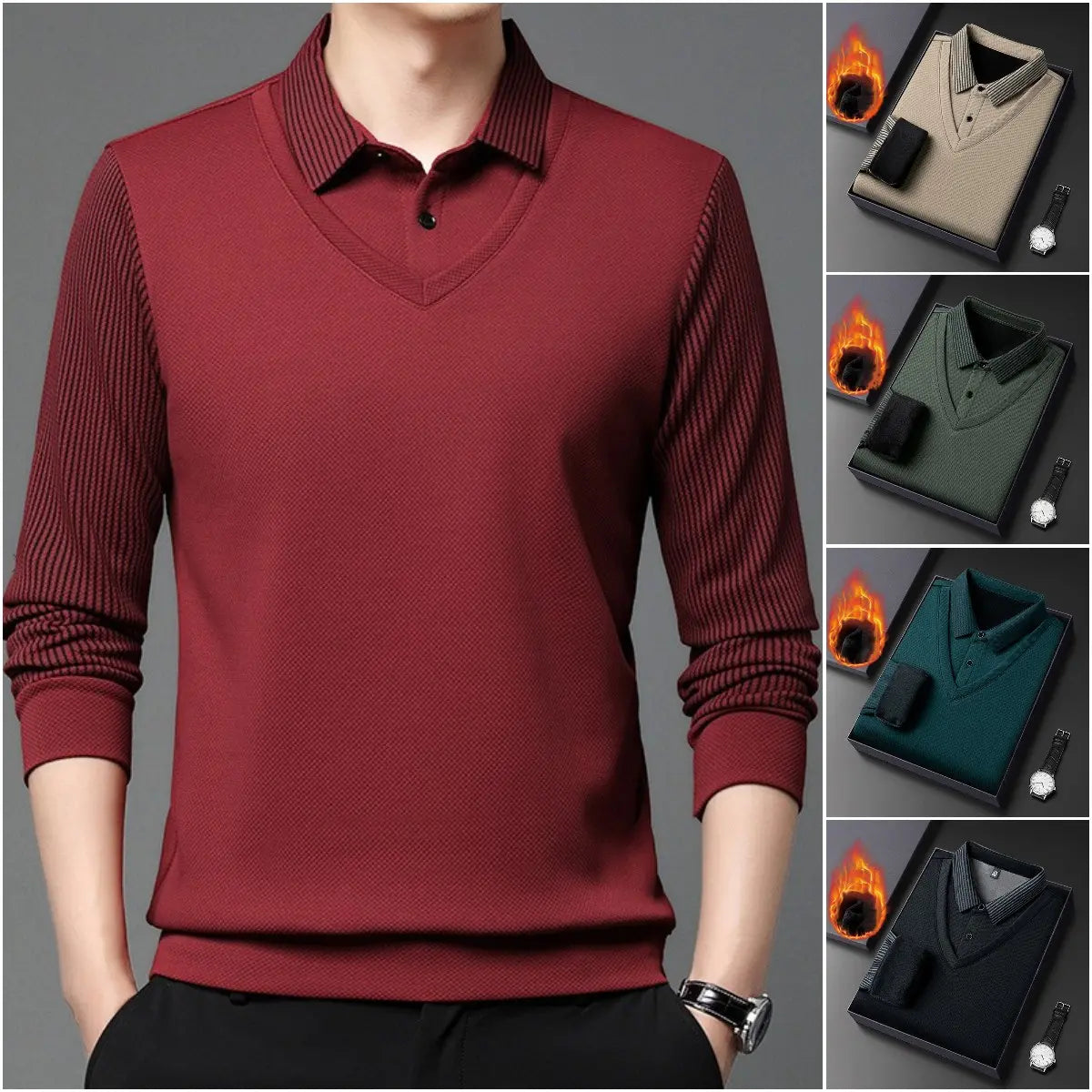 【M-4XL】 👔 Pánské polo tričko s dlouhým rukávem ve stylu „2 v 1“ · Zateplené podšívkou · Elegantní design s klasickým límcem a pruhovanými rukávy · Vhodné pro běžné nošení i do práce!