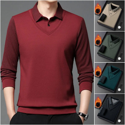 【M-4XL】 👔 Pánské polo tričko s dlouhým rukávem ve stylu „2 v 1“ · Zateplené podšívkou · Elegantní design s klasickým límcem a pruhovanými rukávy · Vhodné pro běžné nošení i do práce!
