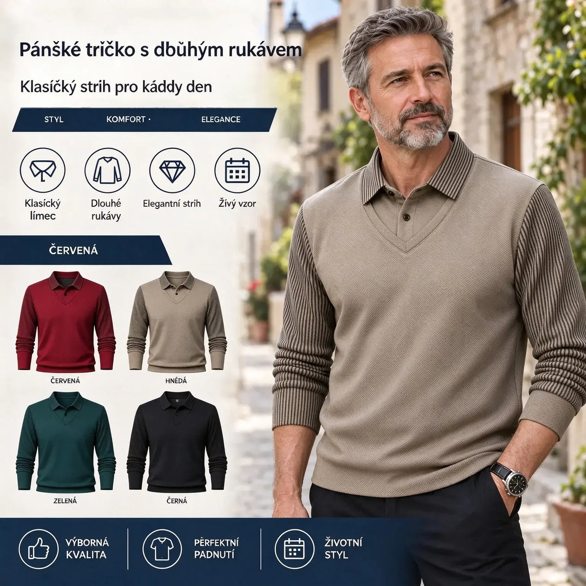 【M-4XL】 👔 Pánské polo tričko s dlouhým rukávem ve stylu „2 v 1“ · Zateplené podšívkou · Elegantní design s klasickým límcem a pruhovanými rukávy · Vhodné pro běžné nošení i do práce!
