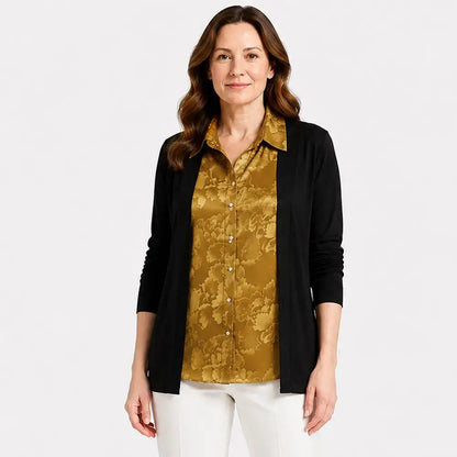 ✨【M-4XL / 5 dostupných barev】Dámský dvoudílný potištěný kardigan na podzim, zeštíhlující a lichotivý, s dlouhým rukávem a zakrývajícím střih.【Bunda + tričko】