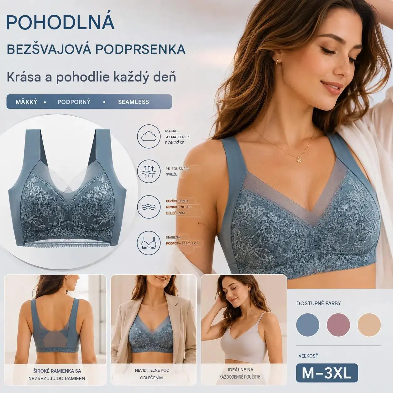 🔥【1 sada 4 kusov】26 €【40-110 KG】Pohodlná dámska čipkovaná podprsenka bez švov