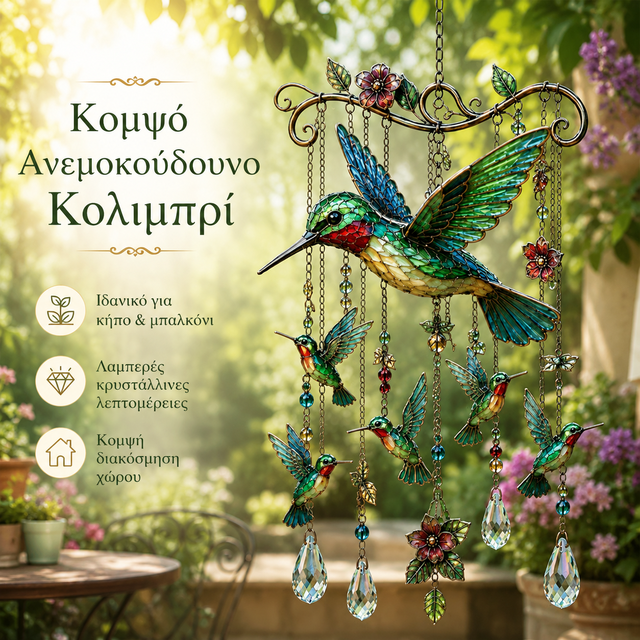 🐦Κρυστάλλινο κουδούνι ανέμου με κολιμπρί και ρετρό βαμμένο σχέδιο