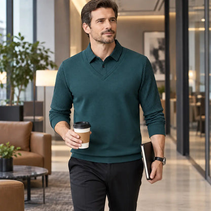 👔【M-4XL】Pánske tričko s dlhým rukávom a golierom polo – dvojvrstvový efekt, zimné, zateplené, hrubé, business-casual, teplé