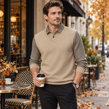 👔【M-4XL】Pánske tričko s dlhým rukávom a golierom polo – dvojvrstvový efekt, zimné, zateplené, hrubé, business-casual, teplé
