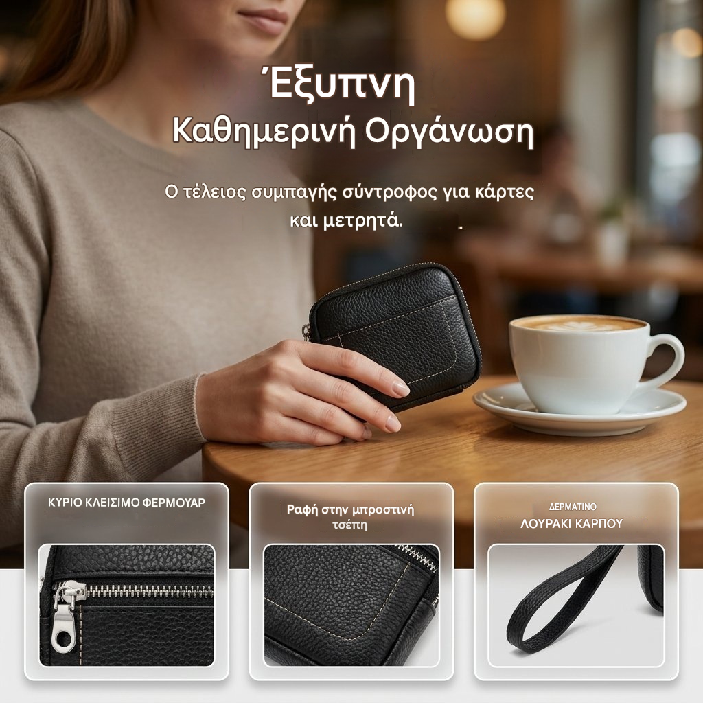 🌟 Μίνι τετράγωνη θήκη καρτών με φερμουάρ από γνήσιο δέρμα