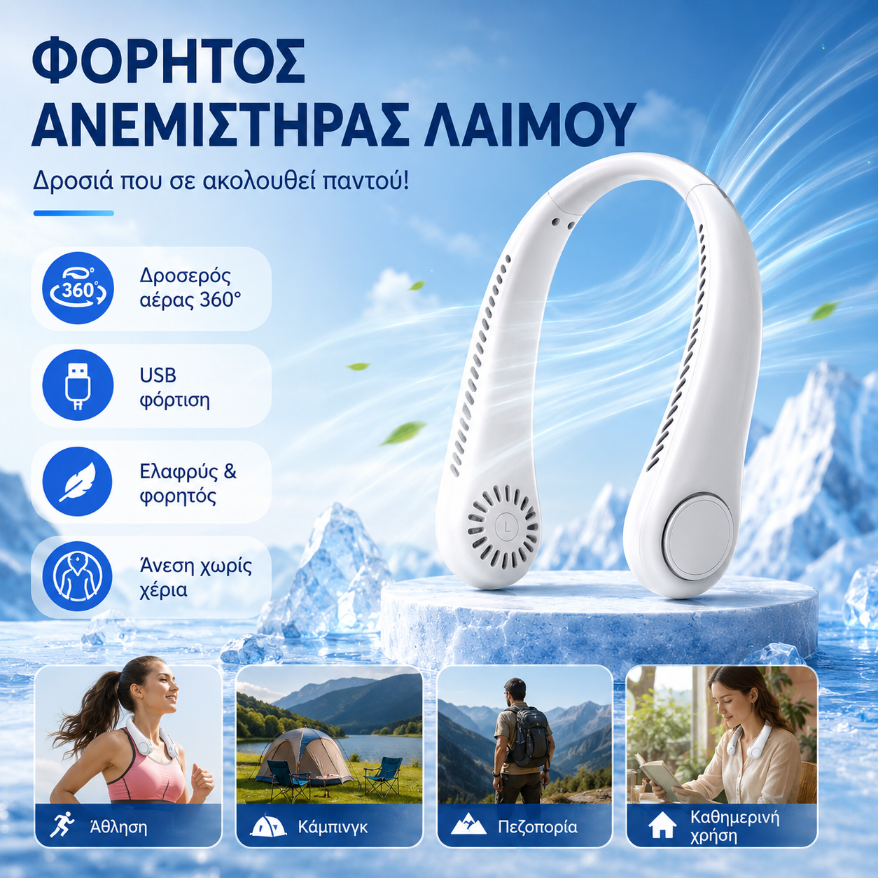 💨 Ανεμιστήρας κλιματιστικού με λαιμό – Εξαιρετικά αθόρυβος, φορητός & περιστρεφόμενος 360° – Ιδανικός για το καλοκαίρι 🌞