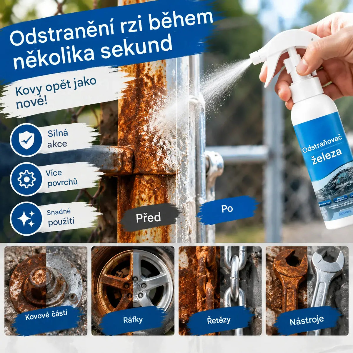 【2 sady za 600 Kč】🔥 Víceúčelový sprej na odstranění rzi — Zbavte se rzi okamžitě a dodejte kovu vzhled nového! 🛠️ Ideální na disky kol, nářadí, řetězy a mnoho dalšího. 💪🚗