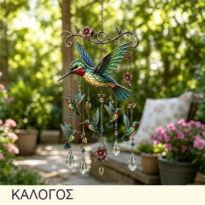🐦Κρυστάλλινο κουδούνι ανέμου με κολιμπρί και ρετρό βαμμένο σχέδιο
