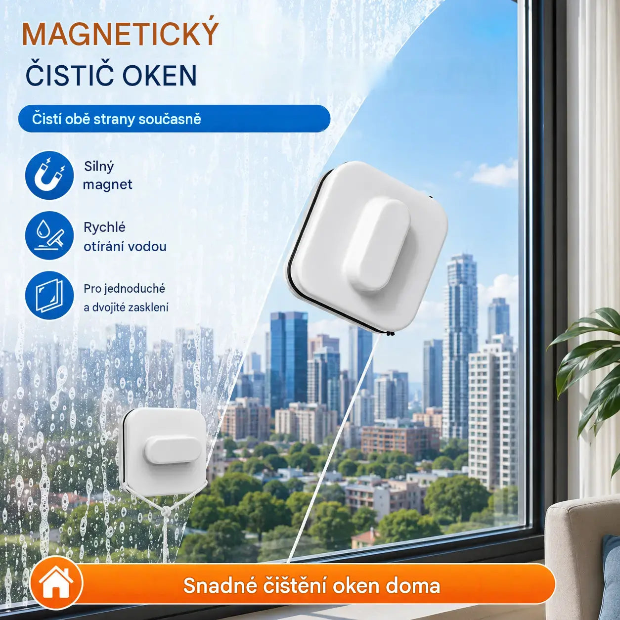 1 kusy 620 Kč ⚡ Magnetický čistič oken – Zvětšená čisticí plocha o 30 %. Dvojité čisticí houbičky + špachtle – Dokonalé výsledky čištění jedním tahem! 🧊🌀