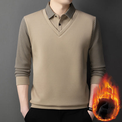👔【M-4XL】Pánske tričko s dlhým rukávom a golierom polo – dvojvrstvový efekt, zimné, zateplené, hrubé, business-casual, teplé