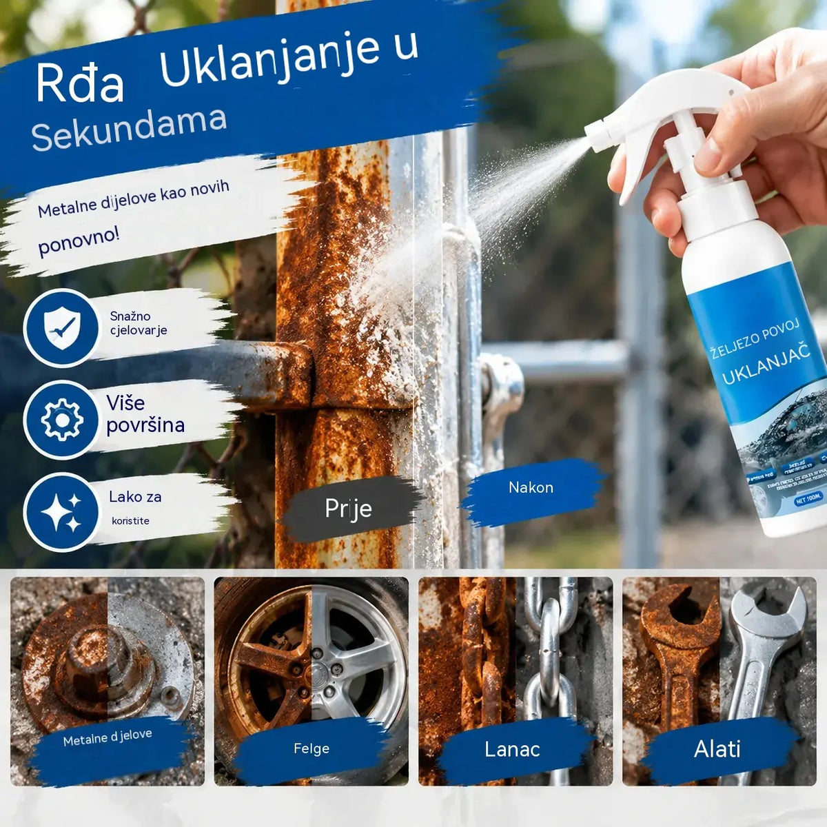【2 komada za 25 eura】🔥 Višenamjenski sprej za uklanjanje hrđe — Uklonite hrđu trenutačno i učinite da metal izgleda kao nov! 🛠️ Idealno za naplatke, alat, lance i još mnogo toga. 💪🚗