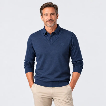 🧥✨【M–4XL】Pánský zateplený svetr s límcem košile – elegantní design 2 v 1 pro podzim a zimu.