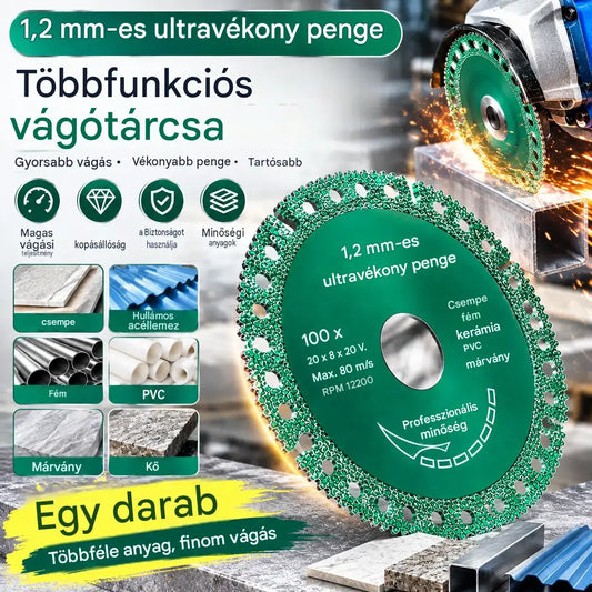 Multifunkcionális kompozit vágókorong sarokcsiszolókhoz – kerámia csempékhez, acél tetőfedő lemezekhez, fémhez, PVC-hez, táblákhoz és márványhoz alkalmas.